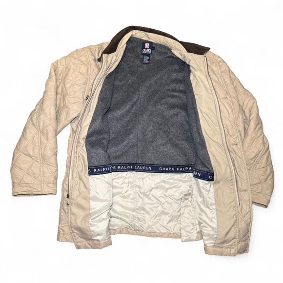 Chaps Ralph Lauren Men’s Quilted Jacket Size Large Beige Tan Corduroy Collar - Picture 2 of 7